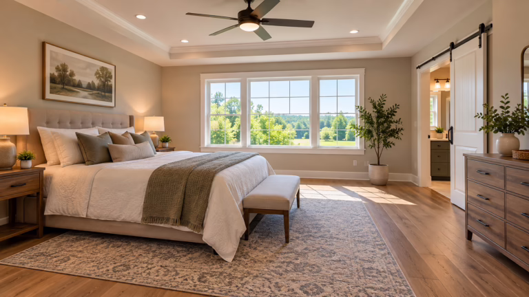 Spacious bedroom addition with hardwood floors and large windows in a Central Pennsylvania home