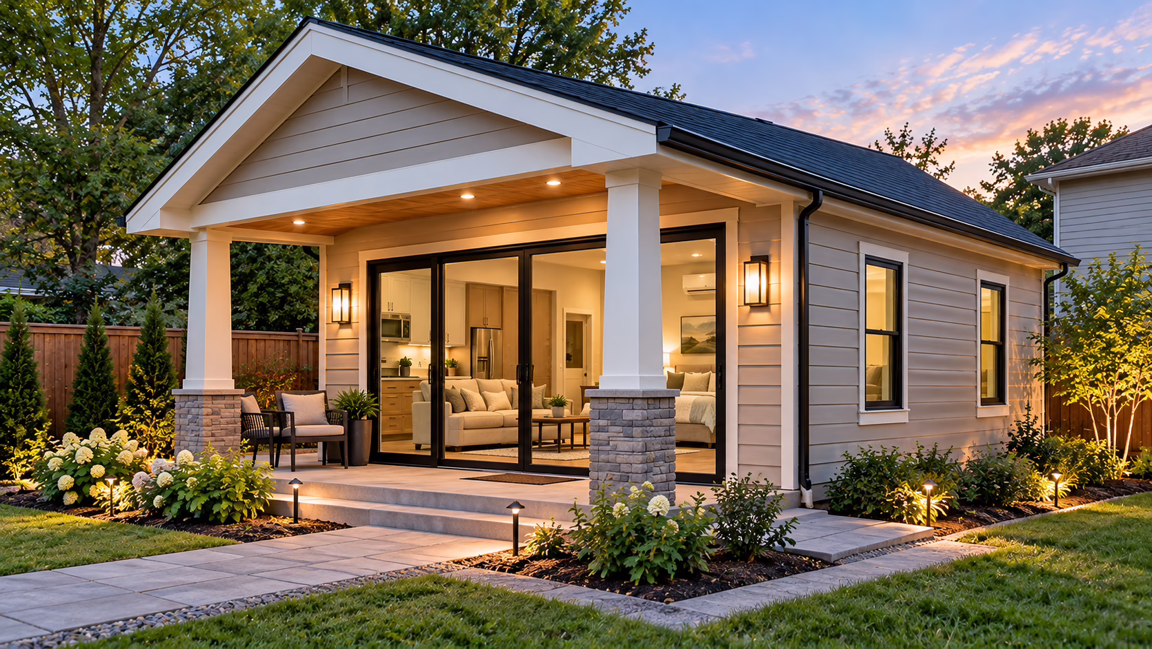 Modern detached ADU with living space, kitchen, and bedroom in a Central Pennsylvania backyard