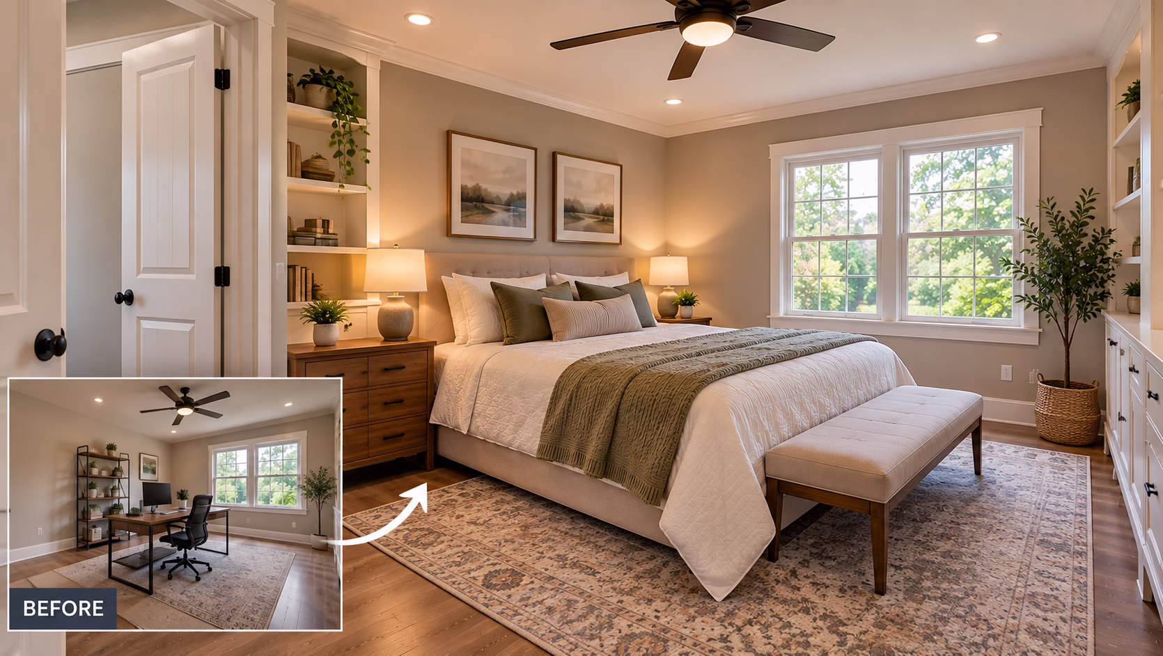 Existing home office converted into a comfortable bedroom in a Central Pennsylvania home