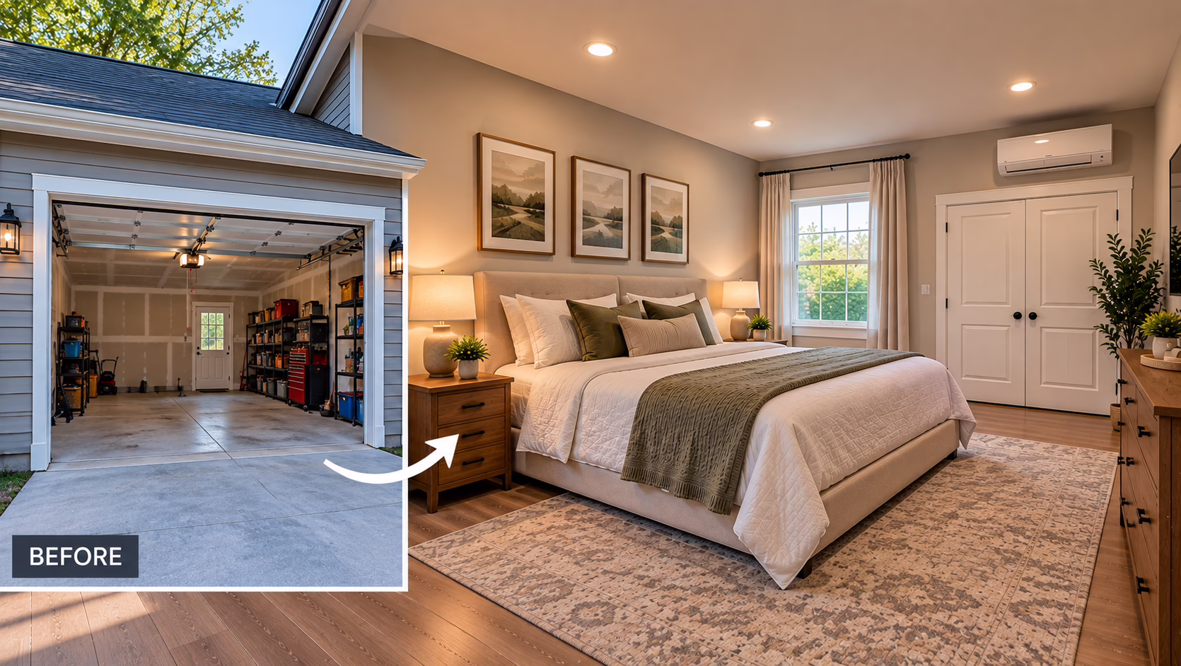Garage converted into a comfortable bedroom with hardwood flooring, closet, and natural light in a Central Pennsylvania home
